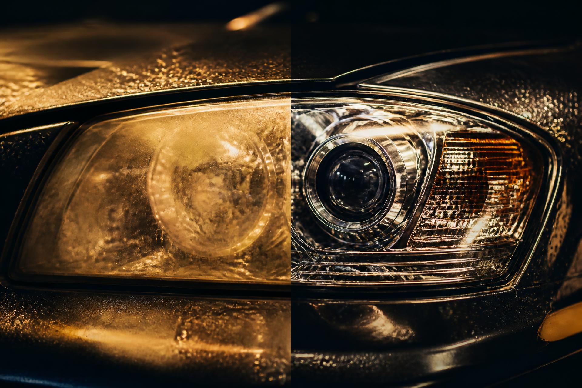 Close-up of a car headlight transitioning from cloudy and yellowed to crystal clear